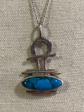 Sterling Silver Turquoise Pendant Necklace 925 Signed Ruthie Modernist Southwest